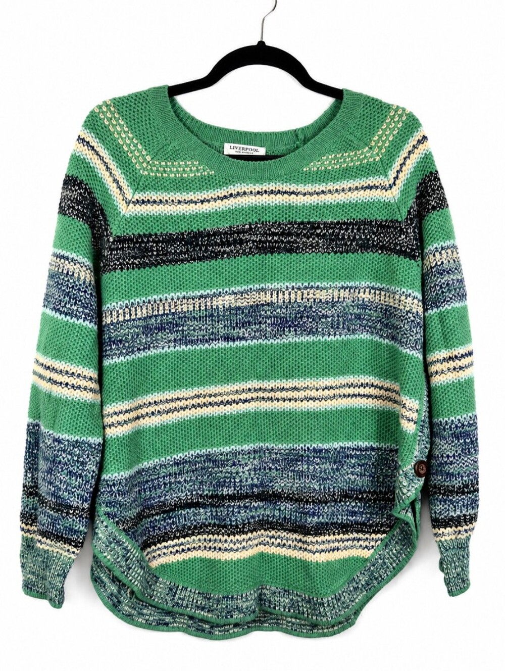 Liverpool Los Angeles Emerald Stripe Textured Knit Sweater XL Side Button Hem